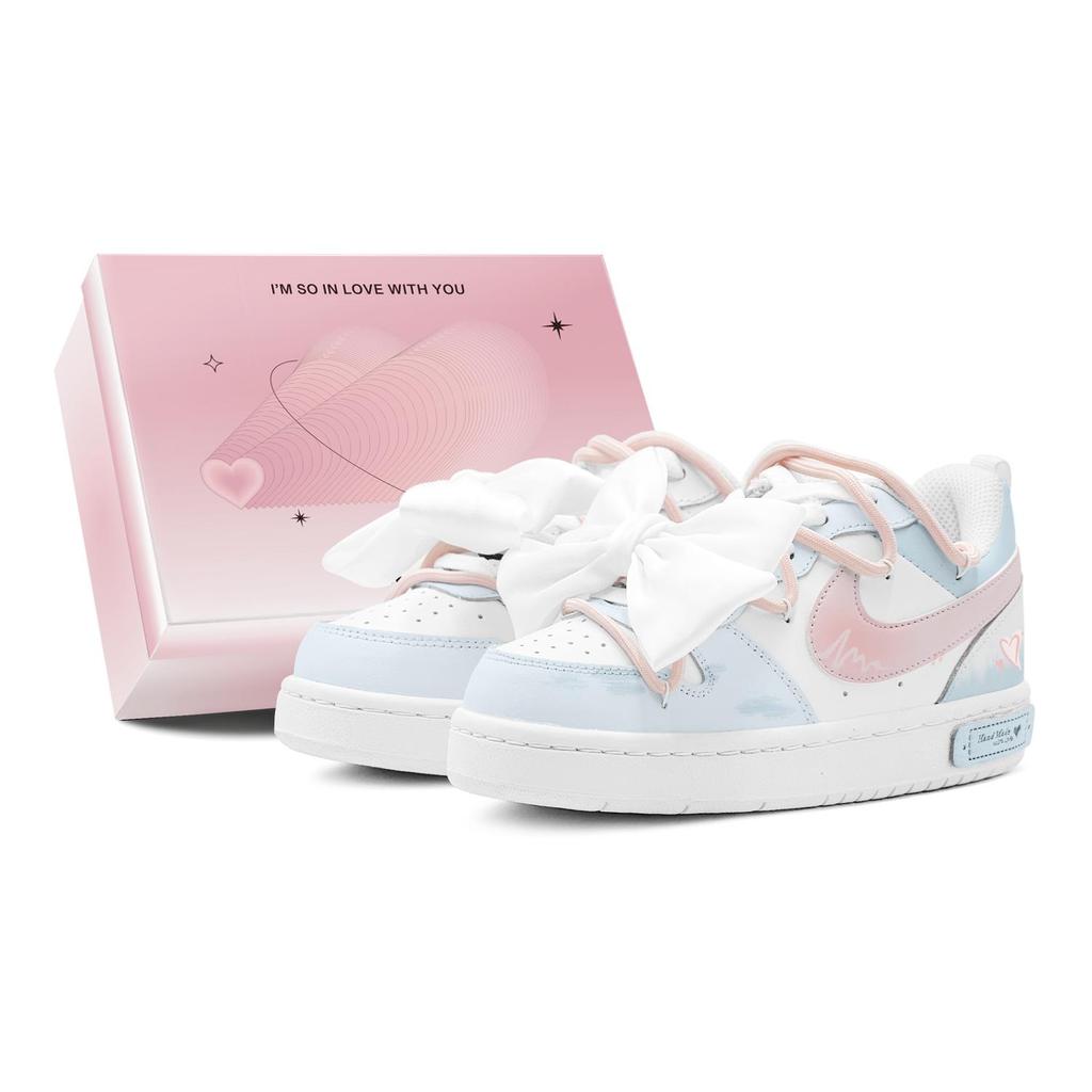 Nike Court Borough Low 2 Sea Blue Pink Heart Low Top Skateboard Shoes Women's Pink Blue BQ5448-100(TeamS2-S-BOX)