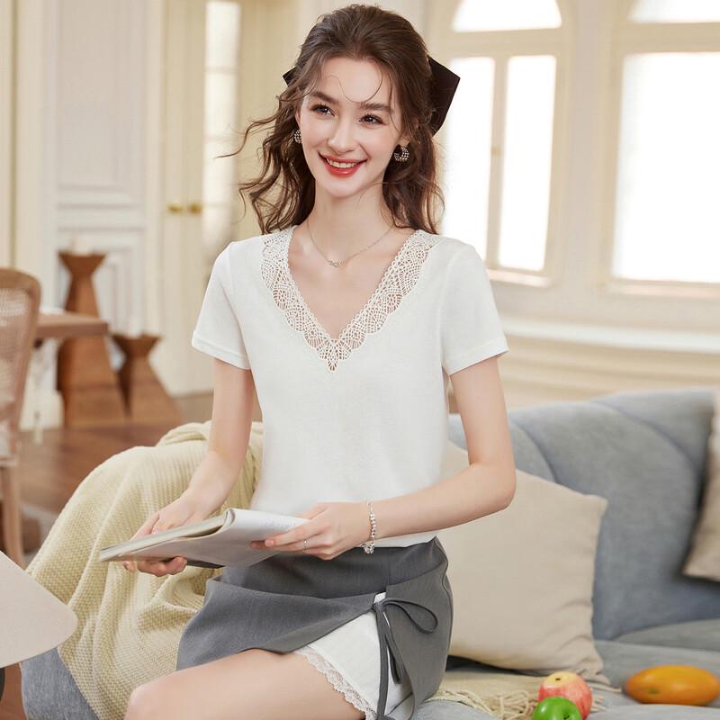 French Elegant Lace Trim V-Neck Short Sleeve Women's T-Shirt