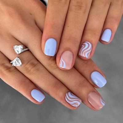 24 Pieces Simple, Small, Fresh, Solid Color, Cool Blue, Corrugated Short Nail Art Film, Summer Waves, Students Wear Nail