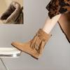 Fashion Cow Suede Rivet Belt Buckle Round Head Low Heeled Short Boots Fashionable Winter Tassel Short Plush Women's Ankle Boots Size 43