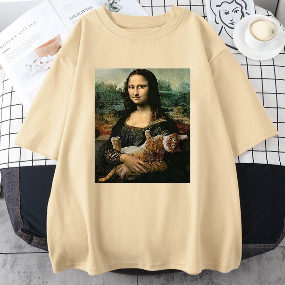 Funny Mona Lisa And Cat Printed T-Shirt For Men Summer Cotton T Shirt Loose Breathable Clothing Street Fashion Casual Short Tees