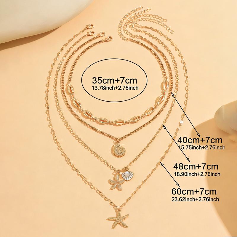 4-piece Layer Ocean Theme Necklace For Women Gold Starfish Shell Conch Pendant Vintage Boho Choker Chain Beach Jewelry Gift
