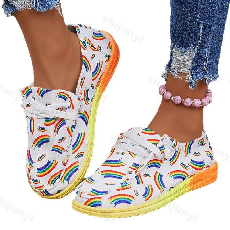 Mode 2025 Damen Graffiti Regenbogen Canvas Schuhe Herbst Neu Lässig Täglich Damen Flacher Schuh Runde Zehe Mehrfarbig Bedruckt Schnür-Sneakers