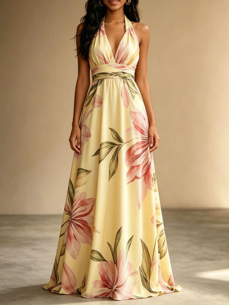 Summer Printing Neck Long Dress Backless Vacation Style Elegant Pendulum Lace-up Dress
