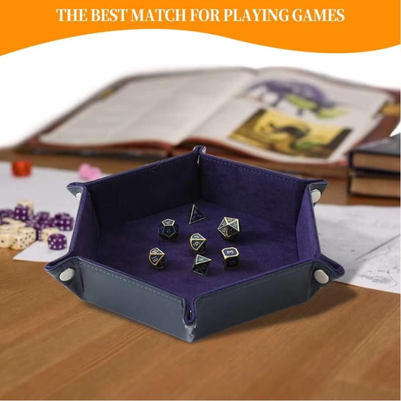 1pc Rolling Folding Hexagon Dice Game Storage Tray Holder Double Sided Thick PU Leather&Velvet Dice Mat Office Supplies