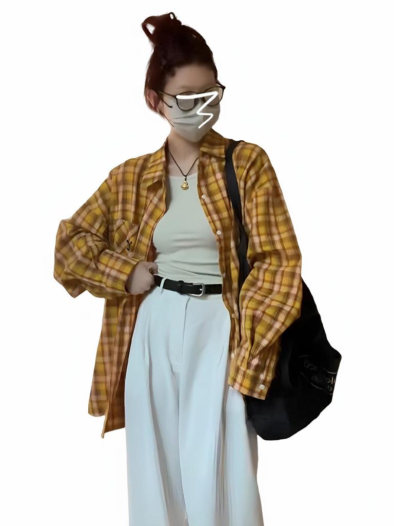Women's Retro Yellow Striped Plaid Shirt Jacket, Sun Protection, Mid-Length Top for Spring and Autumn