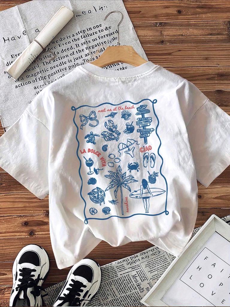 Palm Tree Folding Sun Pattern Summer Boy and Girl Casual Round Neck Short Sleeved T-shirt