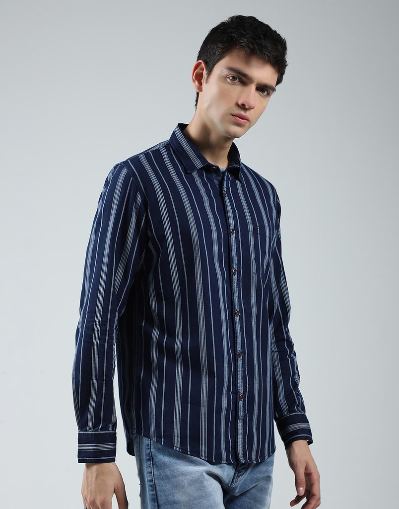 MONTE CARLO Mens Striped Navy Blue Collar Neck Full Sleeve Shirt