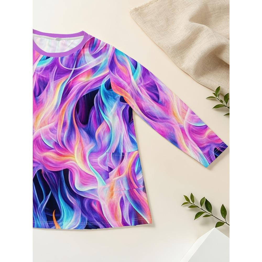 Women's large size with pockets, colorful streamer printing loose top, women's summer new fashion versatile long-sleeved T-shirt