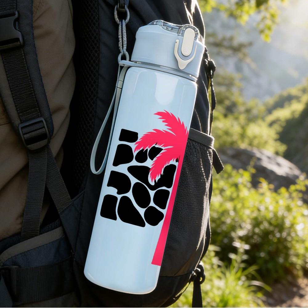 1PC Palm Tree Black Spot Print 750ml Color Plastic Sports Water Bottle Leakproof Flip Straw Lid Suitable for Sports Office Home Use