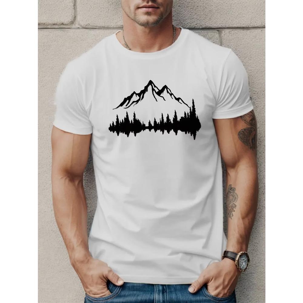 Men's Casual Summer Printed T-shirt, Casual Round-neck Short-sleeved T-shirt with Big Mountain Tree Pattern, Oversized Breathabl