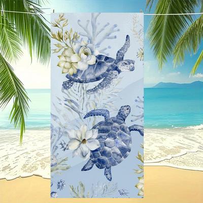 Sea Turtle Beach Towel, Blue Watercolor Floral Ocean Print, Quick Dry Microfiber Towel for Adults, Summer Swim Pool Towel