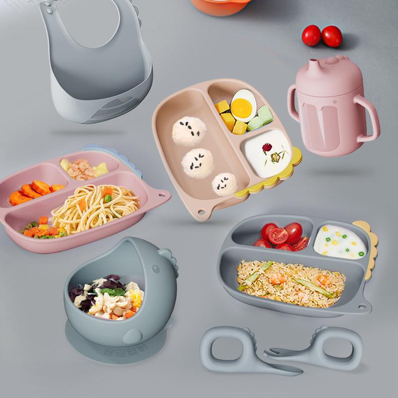 Cartoon dinosaur plate Children's complementary food Silicone plate bowl Fork spoon bib Anti-drop plate set
