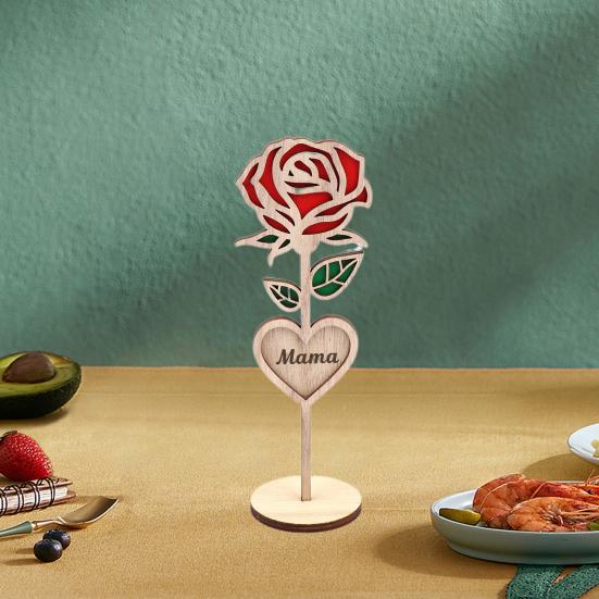 Wood Mama Rose Decoration with Stable Round Base Wooden 3D Carved Rose Flower Desktop Ornament Romantic Mother's Day Gift