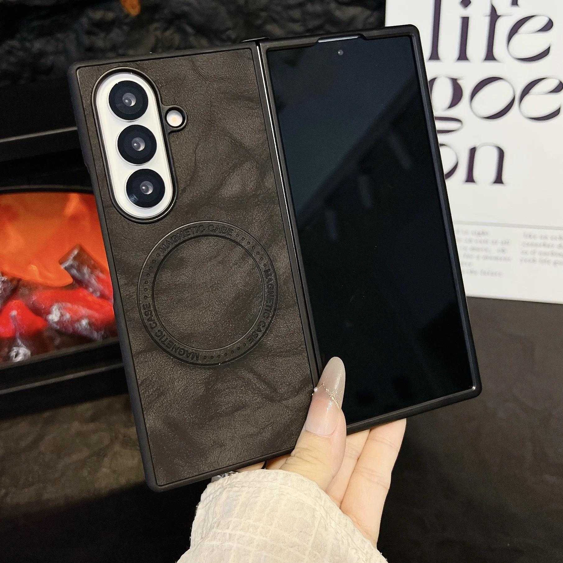 

Luxury Business Sle Retro Sheepskin Pattern Phone Case for Samsung Galaxy Z Fold 7 6 5 4 3 Wireless Charge Magnetic Back Cover Galaxy Z Fold3 5G чорний