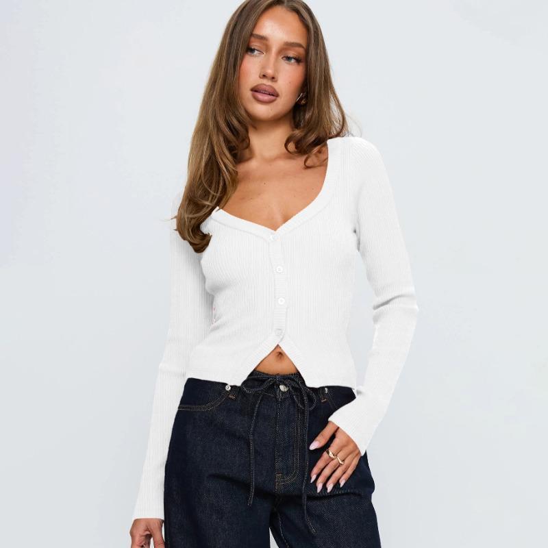 Women S V Neck Long Sleeve Ribbed Button Front Cardigan