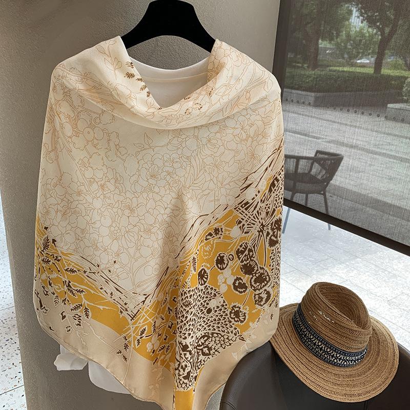 Yellow Flower Printed Large Scarf For Women Summer Sun Protection Air Conditioner Shawl