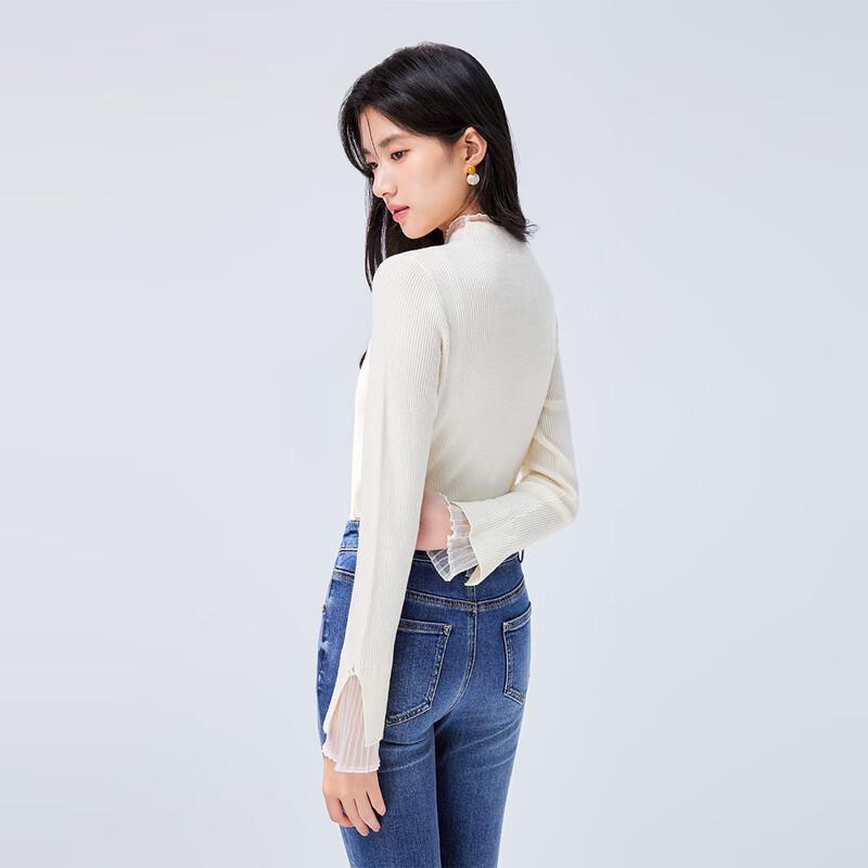 Elegant Mesh Panel Semi-High Neck Knit Top