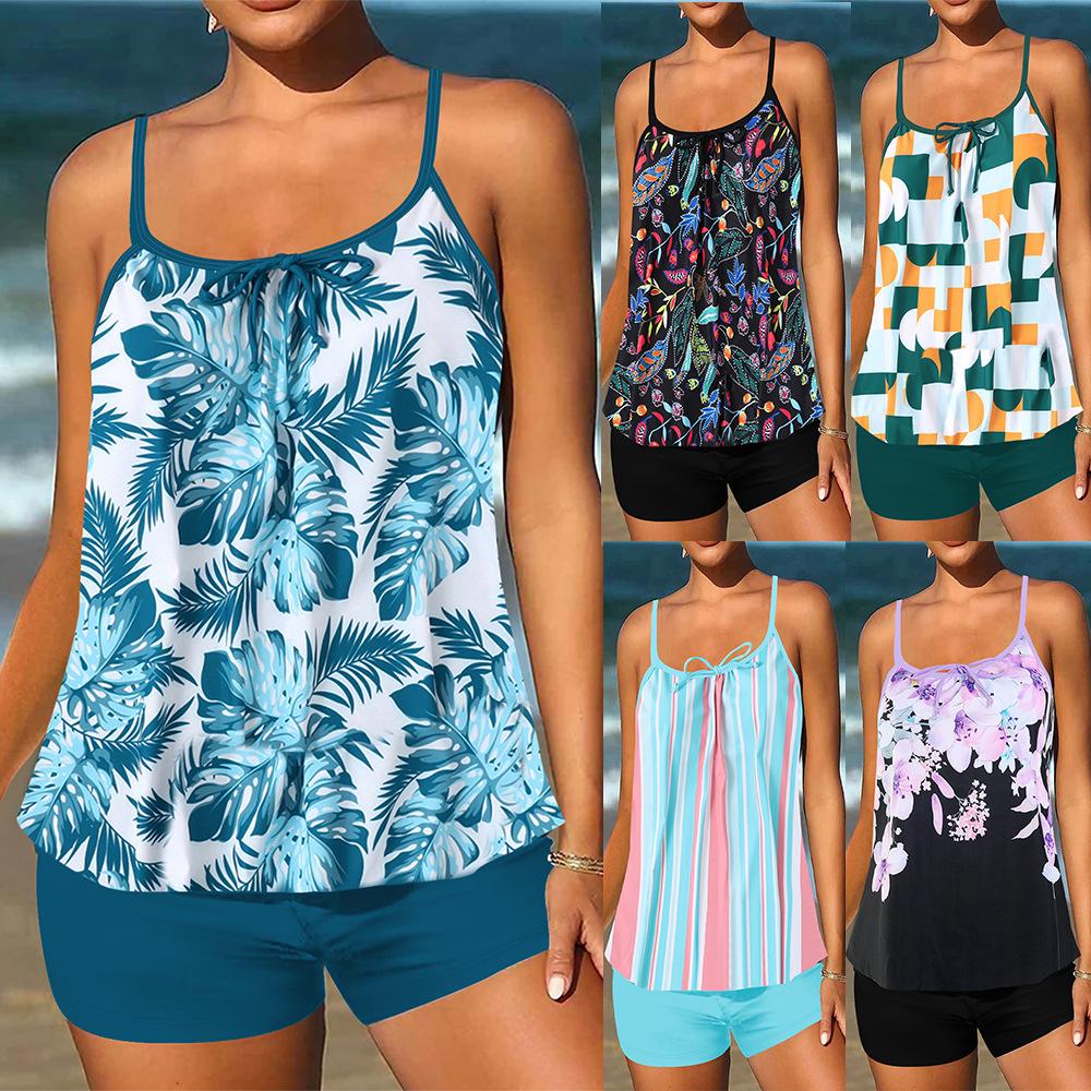 2-teiliges konservatives Tankini-Set Digitaldruck Bauchkontrolle Hohe Taille Boy Shorts Spaghettiträger Strand Badeanzug