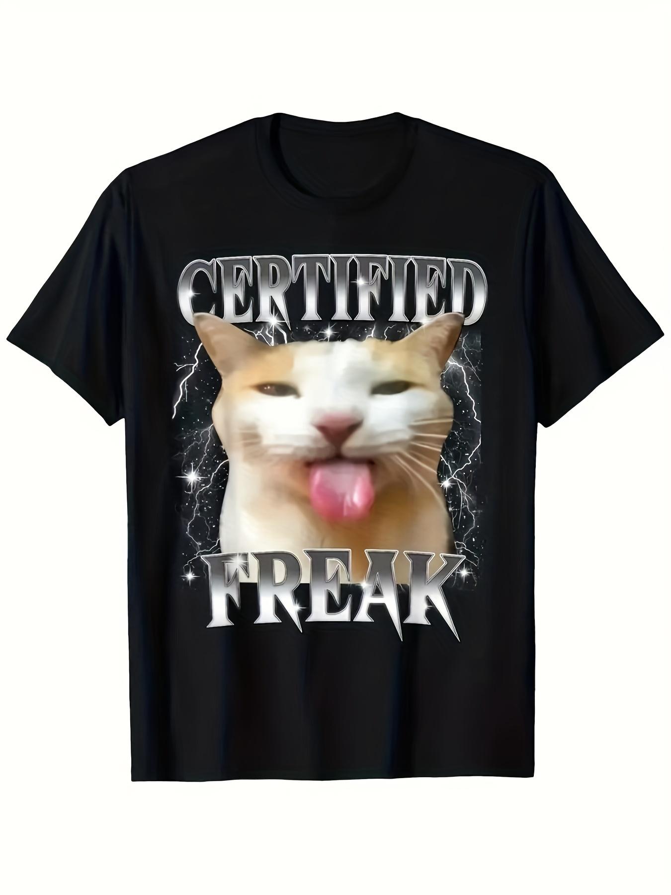 Certified Freak Black TShirt Certified Freak Black TShirt with Humorous Horror Graphic  White  Orange Cat Licking Its Paw S