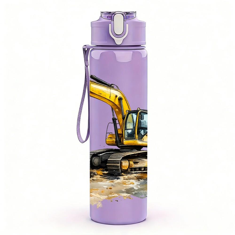 1PC Yellow Excavator Construction Vehicle Print 750ml Color Plastic Sports Water Bottle Leakproof Flip Straw Lid Suitable for Sports Office Home Use