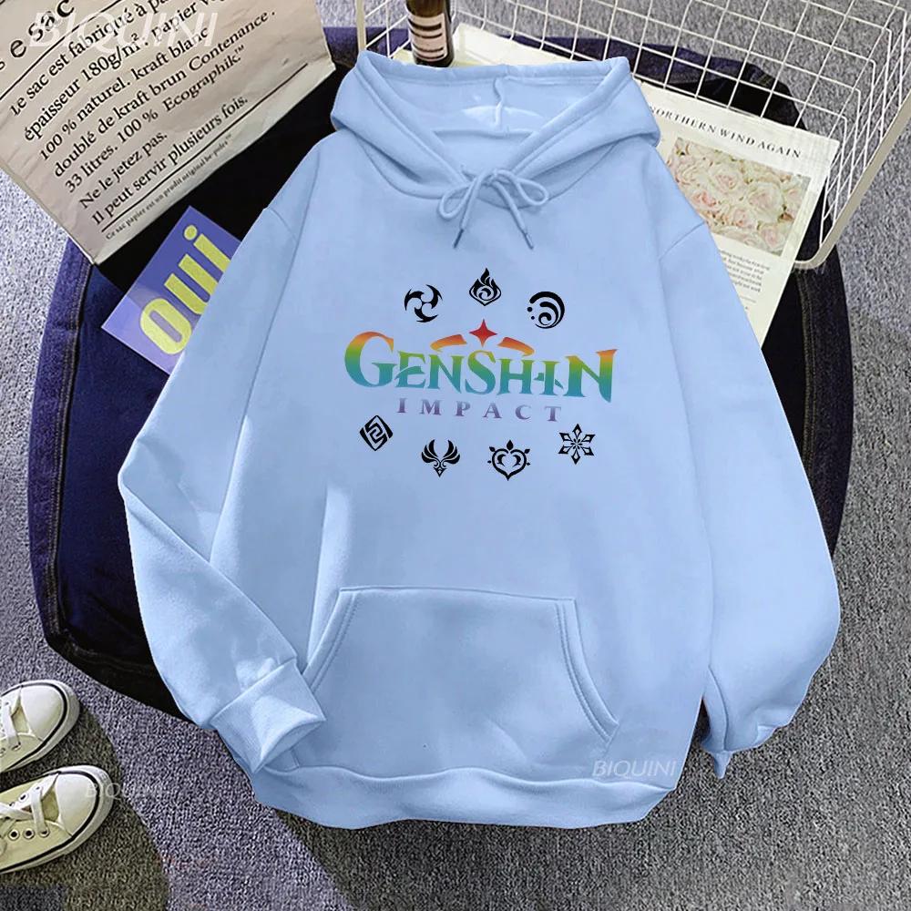 Genshin Impact Hoodie Game Anime Print Loose Pocket Seven Elements Harajuku Winter Clothes Sweatshirt Korean Style Pullover Wram