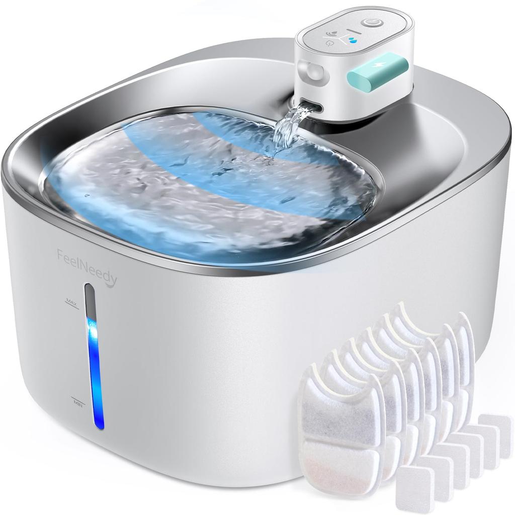 FEELNEEDY Rechargeable Cat Water 4L with 6 Activated Carbon Smart Pet Automatic Water Dispenser with Motion 3 Water Dispensing Wireless Stainless