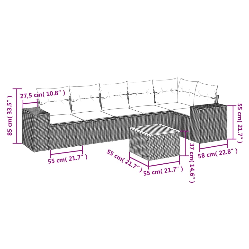 7 piece Garden Sofa Set with Cushions Black Poly Rattan