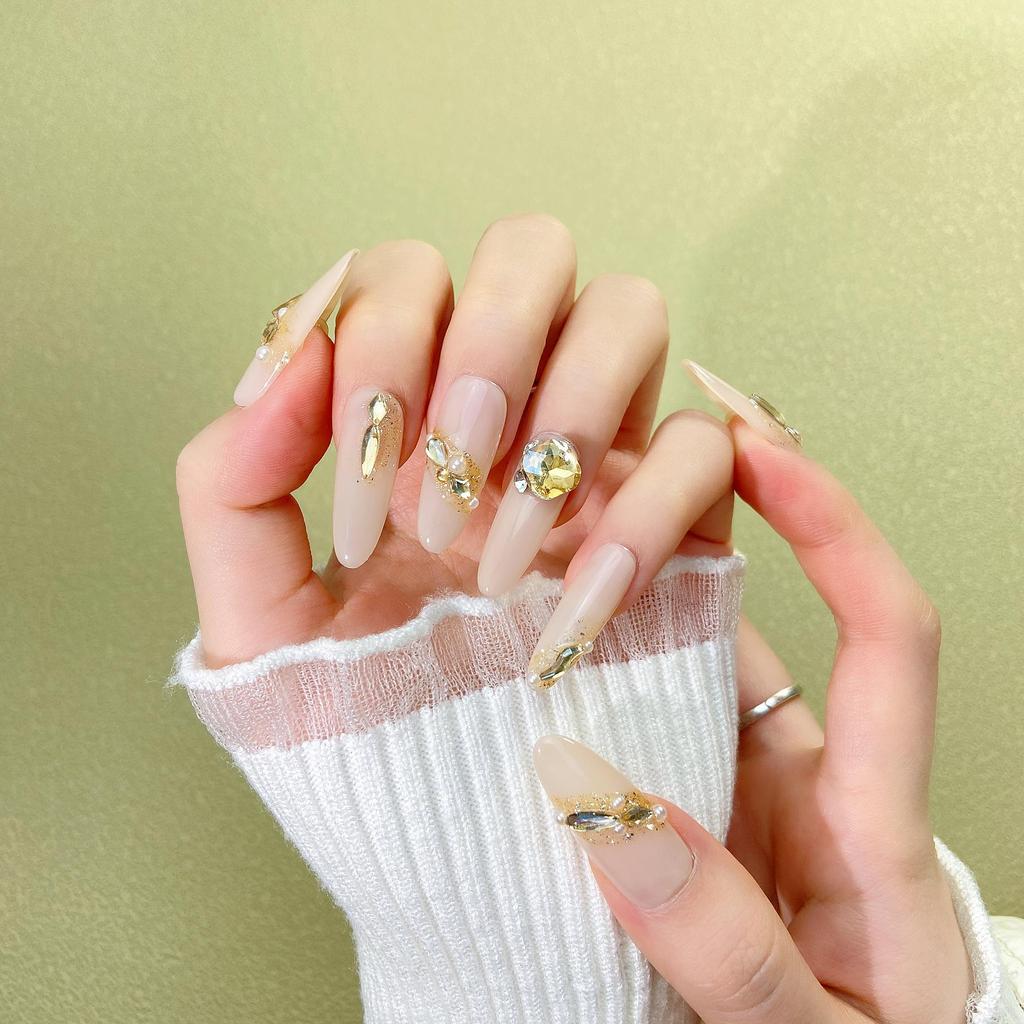 Luxurious French Gold & Diamond Press-On Nails: Elegant High-End Skin-Whitening Style, Trending Manicure Fashion