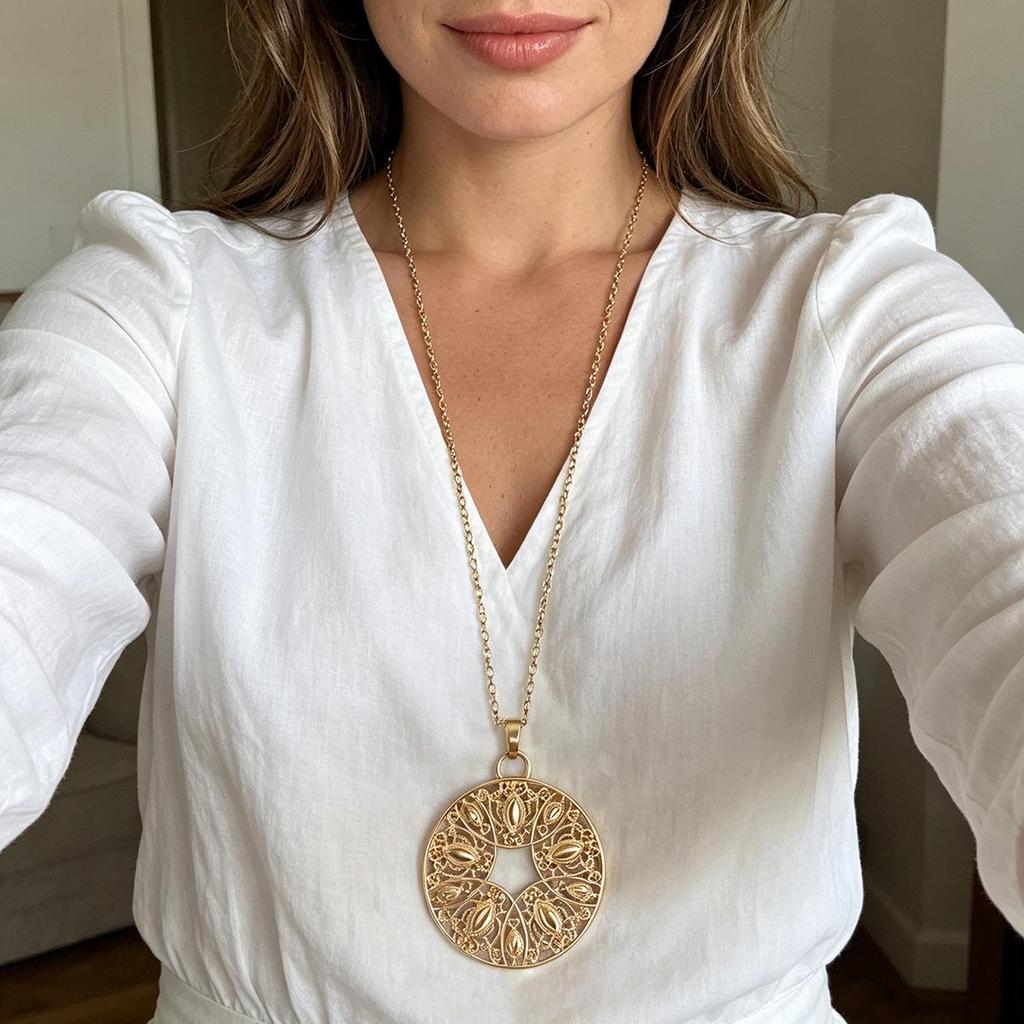 Bohemian Matte Gold Round Pendant Long Necklace - In Stock