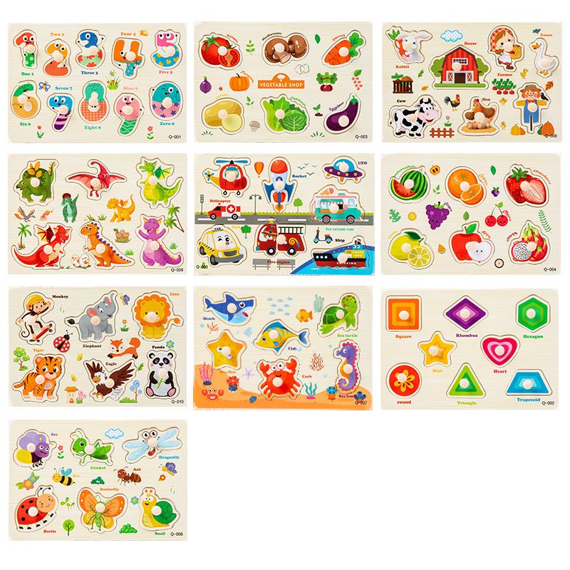 Baby Wooden Peg Puzzle Toy, Early Learning Hand Grasp Board, Cognition Number Animal Shape Fruit Educational Jigsaw Game