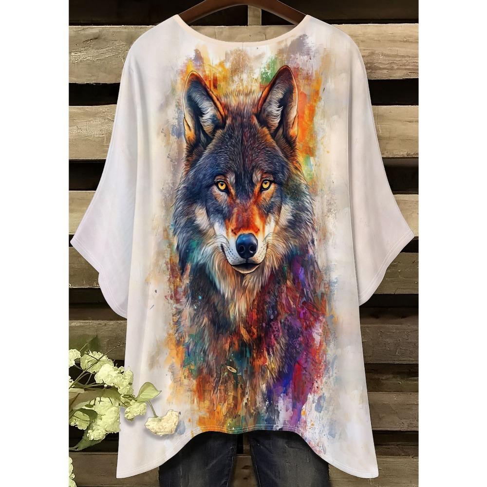Women's large-size short-sleeved T-shirt, irregular hem design, digital printing personalized street