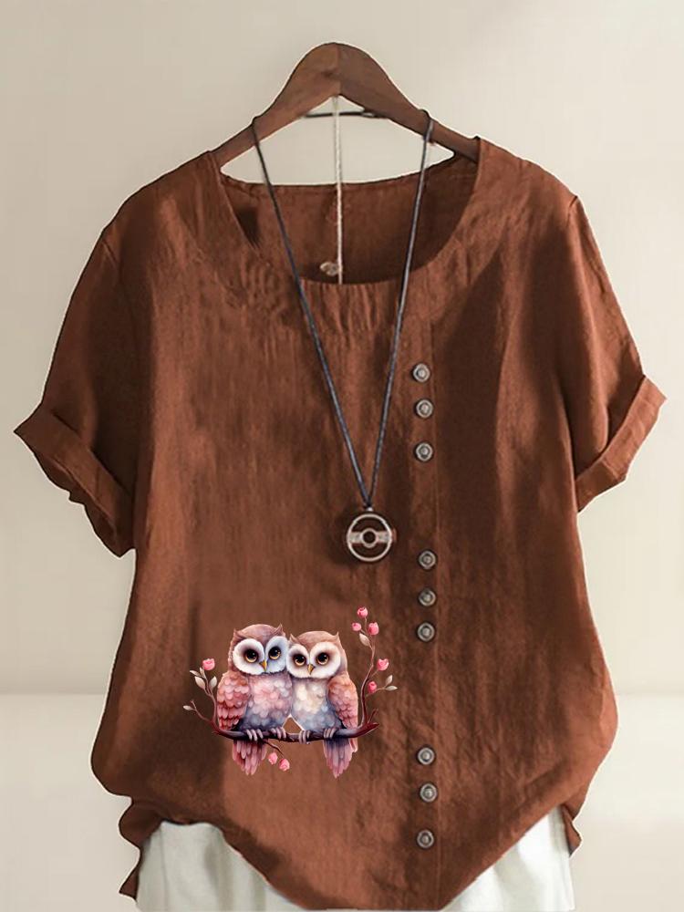 Women's Fashion Couple Owl Print Shot Sleeve T-shirt Loose Cotton Shirt Casual Loose Summer Blouse Tops Plus Size
