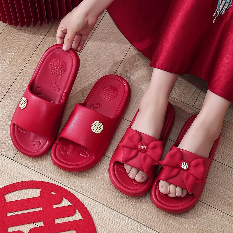 Festive Wine Red Bride Slippers: Luxurious, Comfy Summer Footwear