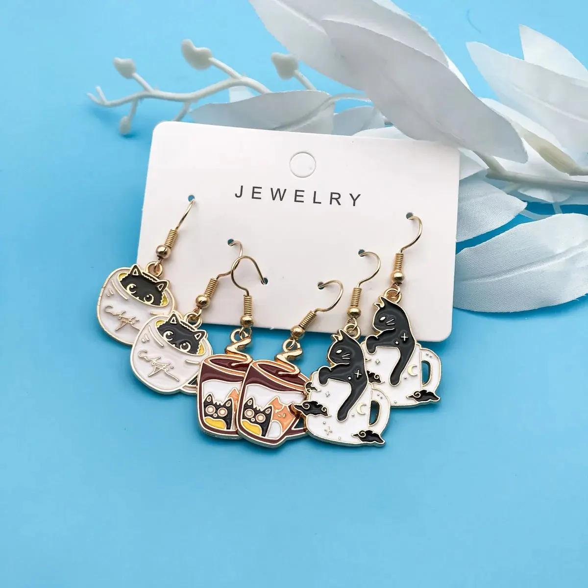 Набор из 3 пар модных эмалированных сплавных чайных чашек, серьги-подвески с котиками, праздничные украшения, подарки для девочек