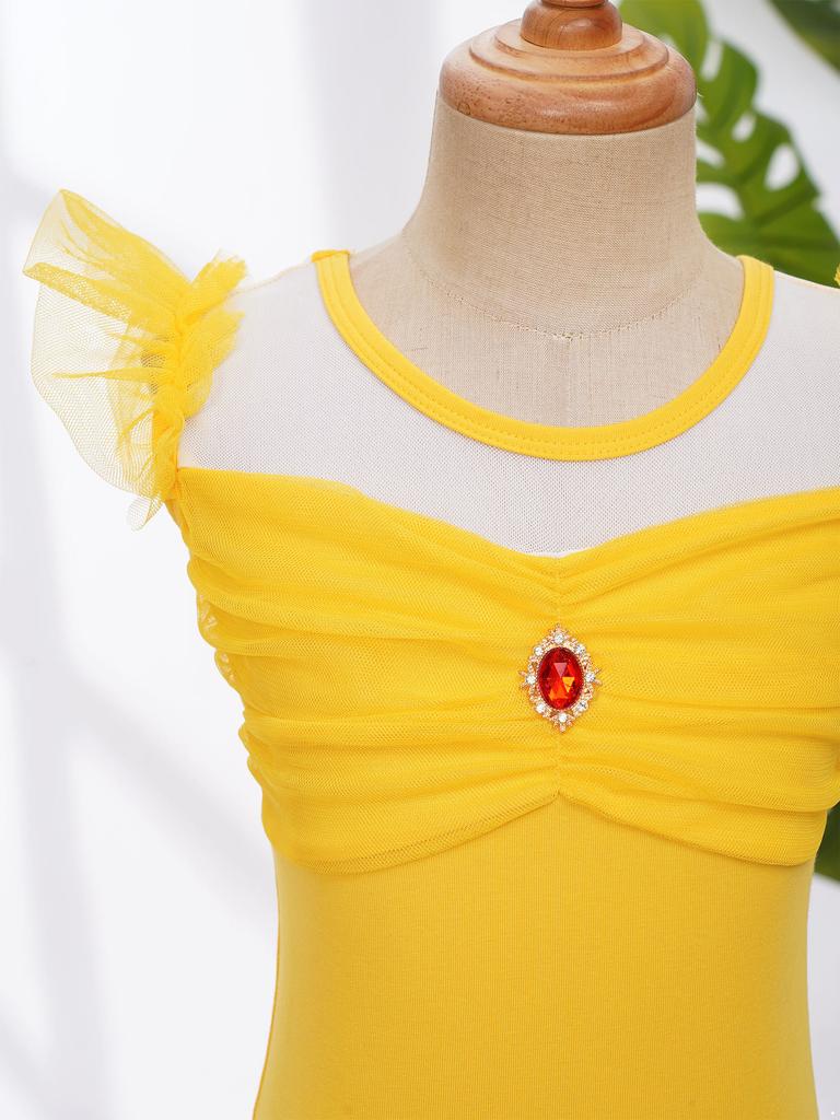 Girls Ruffle Sleeve Leotard Ruched Mesh Patchwork Cutout Back Bodysuit