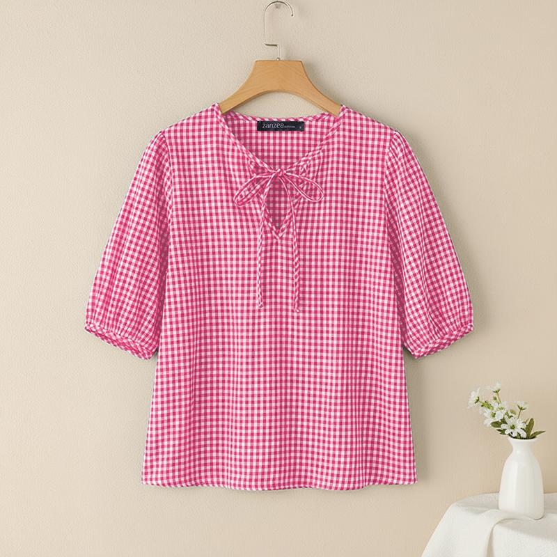 ZANZEA Women Plaid Print Casual Roujnd Neck 3/4 Sleeve Loose Blouse