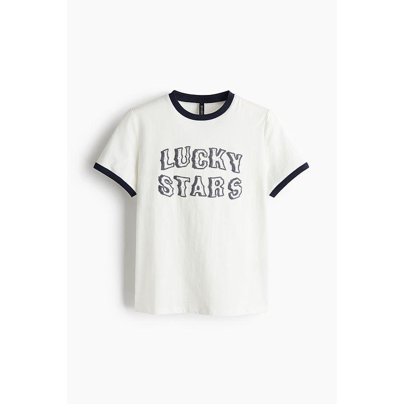 

HM Women s T-shirt 2025 New Fall Women s Clothing Oruo Style Soft Cotton Printed round Neck Short Sleeve 1259417 Cream/Lucky Stars 155/76(XXS)