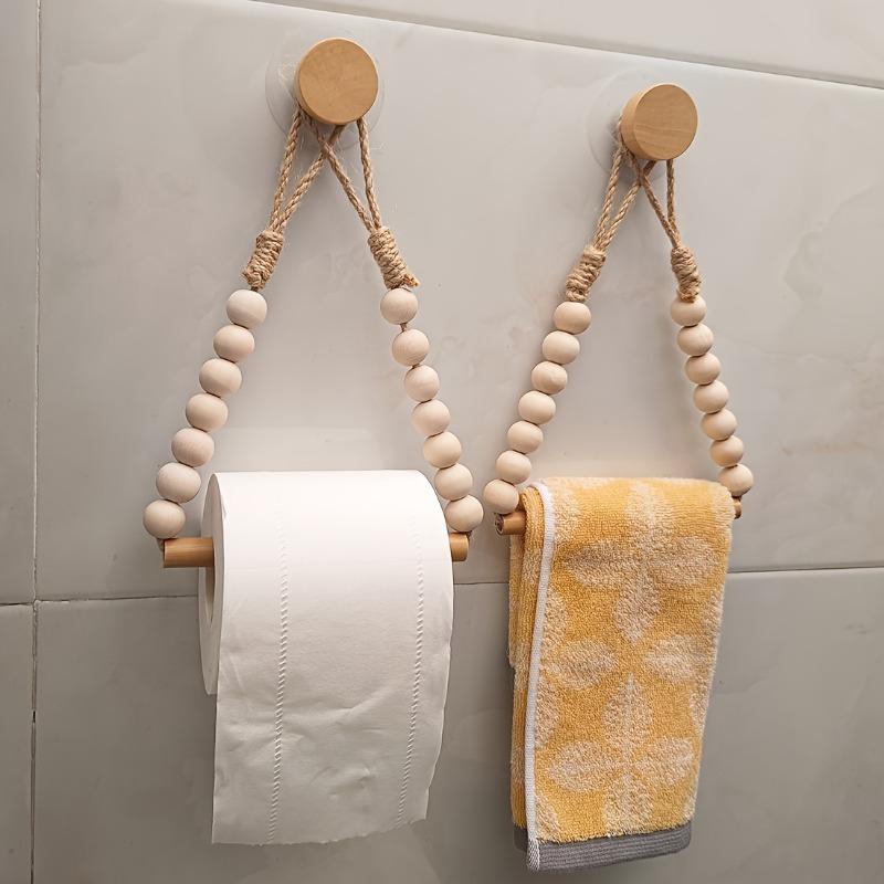 Rustic Wood No-Drill Toilet Paper Holder - Jute Cord & Beads Wall-Mounted Dispenser for Standard TP Rolls
