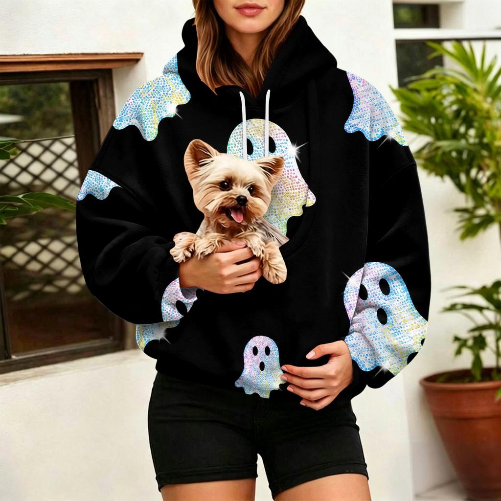 Women's Halloween Print Hoodie with Large Pet Pocket for Fall and Winter Casual Wear