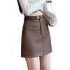 Women's Coffee Leather A-Line Mini Skirt - High-Waisted, Slimming, Petite Fit for Spring & Autumn
