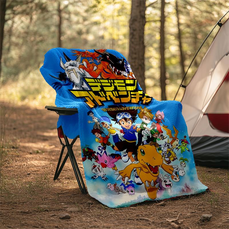 1pc Digimon Theme Blanket - Digital Print, Polyester, Cozy for All Seasons, Perfect for Outdoor, and Travel