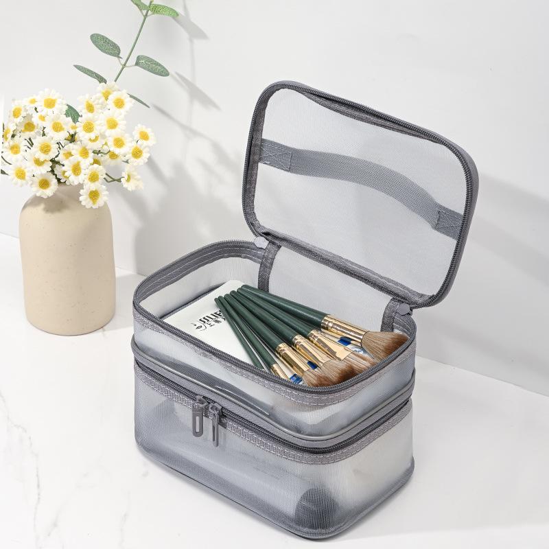 Portable Transparent Mesh Travel Bag Large Capacity Storage Toiletry Bag 2 Layer Makeup Case Toiletries Organization