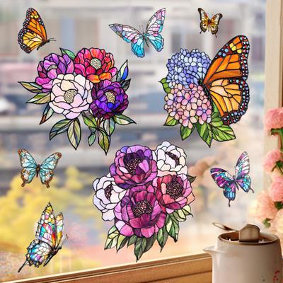 Schmetterling Blume Fensteraufkleber Doppelseitig Abnehmbar Wasserdicht PVC Floral Statischer Glasaufkleber Heim Büro Dekoration Aufkleber