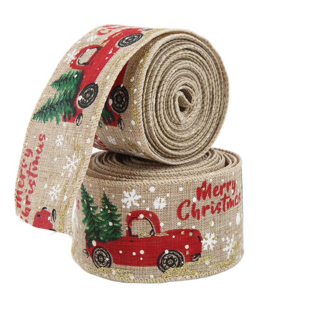 2Pcs Christmas Ribbons Cartoon Retro Truck Pattern 5 Meters Decorative AccessoriesHemp