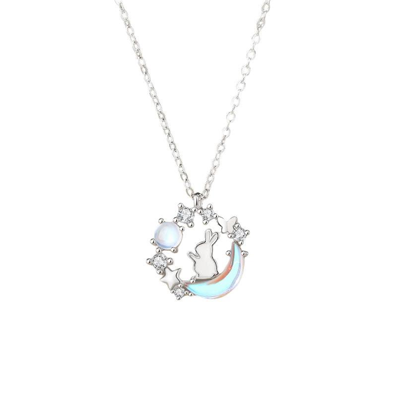 Premium Fashion Moonstone Rabbit Inlaid Diamond Clavicle Necklace Bracelet Jewelry Set For Women