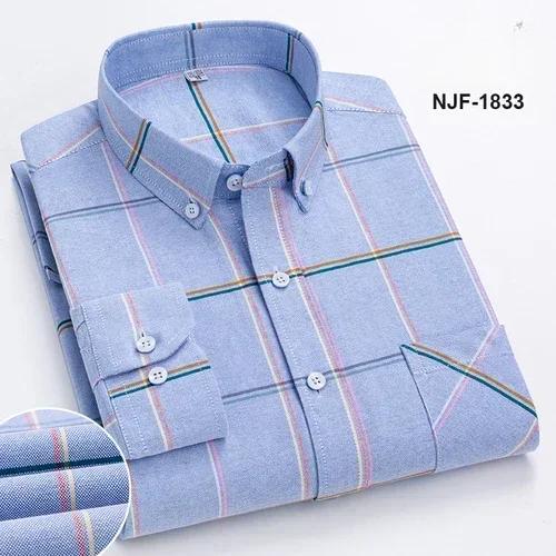 Spring and Autumn Men's Pure Cotton Long Sleeved Shirts for Middle and Youth Leisure All Cotton Oxford Plaid Plus Size Shirts