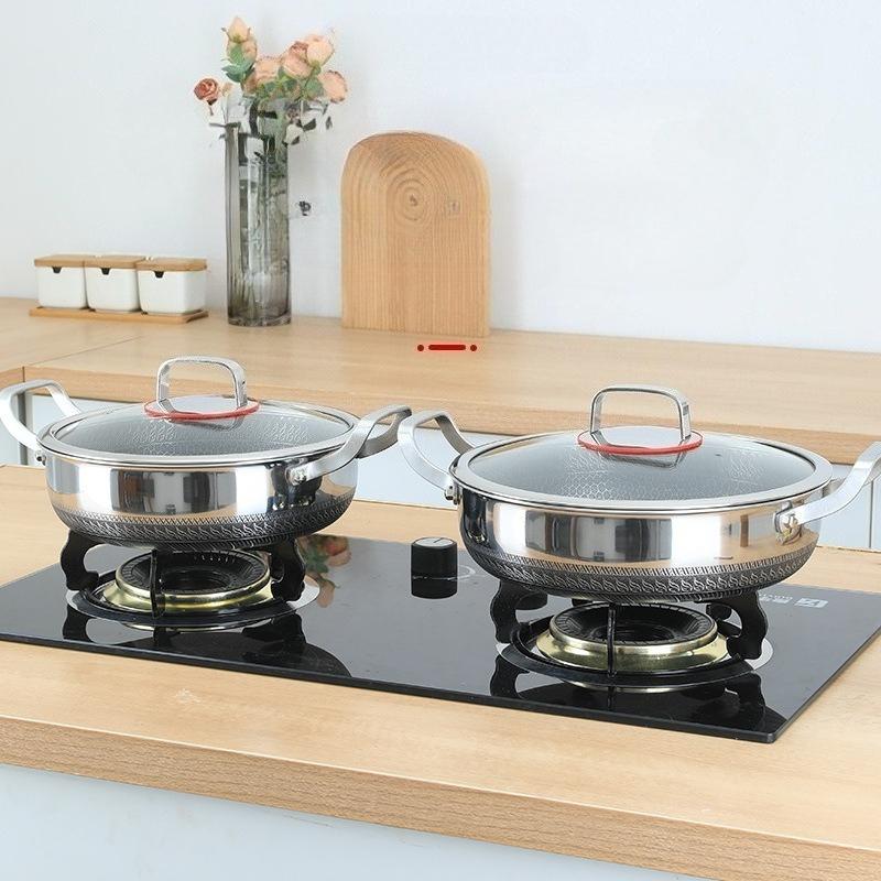 Double Ear Frying Pan Stainless Steel Stew Pot Pancake Baking Tray with Lid Induction Cooker Gas Stove Universal Non-stick Pot