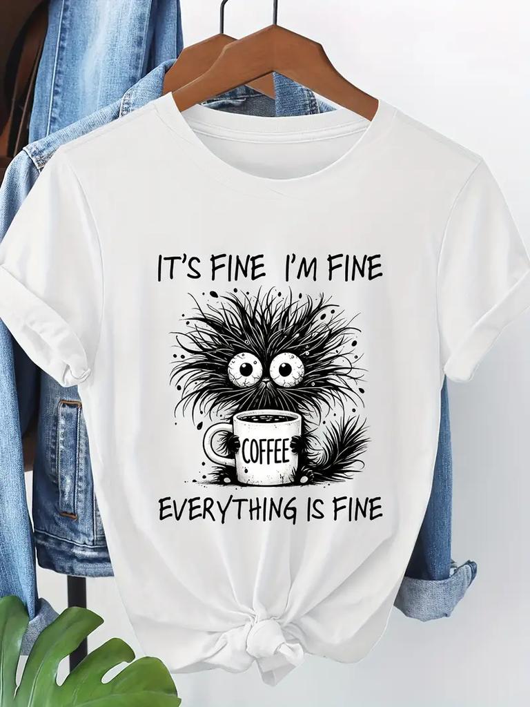 Funny Design T Shirt Short Sleeve T-Shirt Whimsical Cat and Coffee Graphic Print Women's T-Shirt Clothing Women's Top Tee