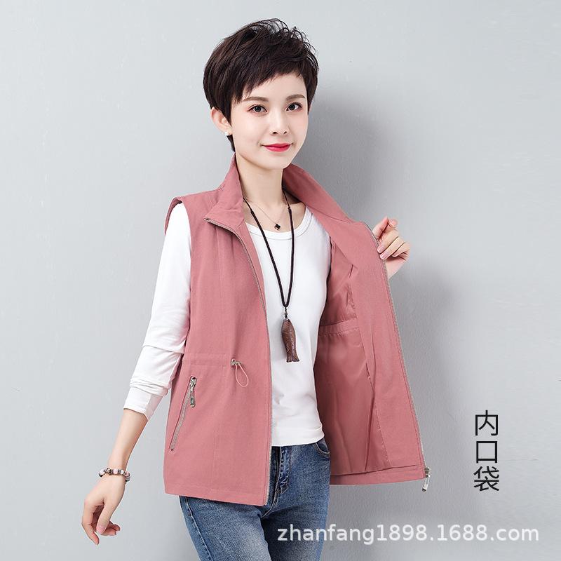 Women's Cotton Sleeveless Vest Short Waistcoat With Pockets Waist‑Tied Casual Outerwear For Middle‑Aged Women Spring Autumn Cardigan